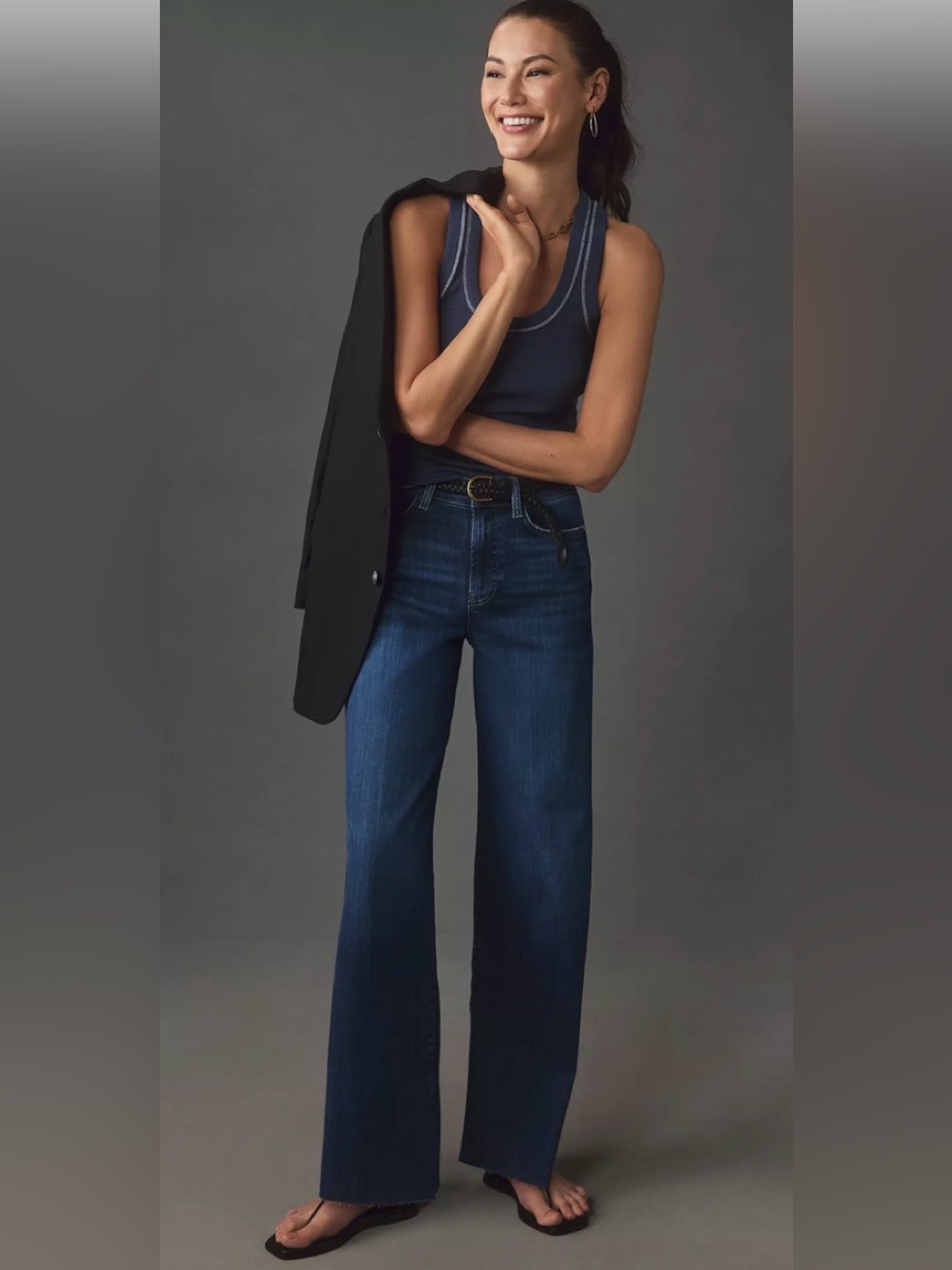 FRAME Le Slim Palazzo high-rise, wide-leg denim jeans in a medium blue wash 32 - Picture 2 of 9